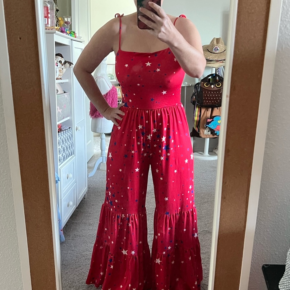 EUC Peach Love Red Star Jumpsuit - Small